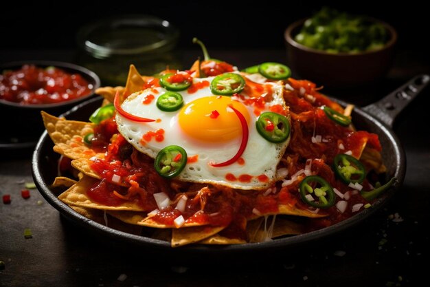 Closeup of chilaquiles smothered in red chili