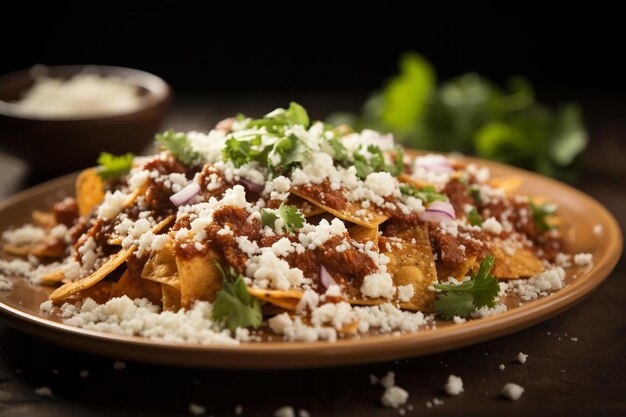 Closeup of chilaquiles sprinkled with crumbled