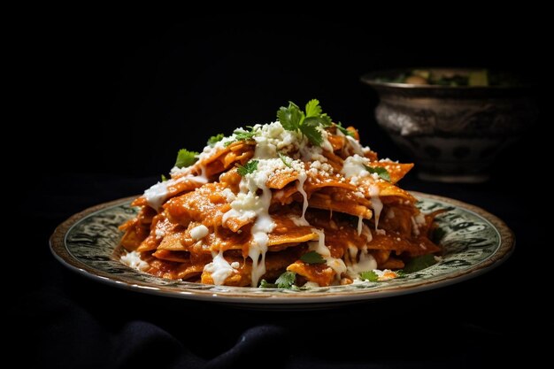 Closeup of chilaquiles with a drizzle