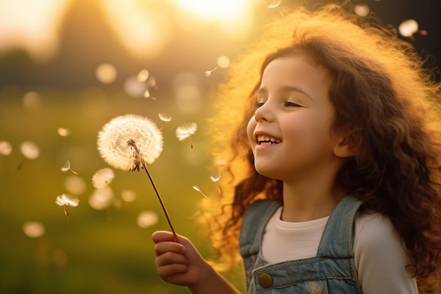 Closeup of a child blowing dandelion seeds with joy