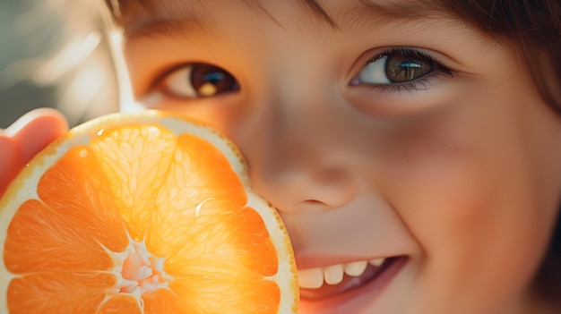 甘いオレンジを楽しんでいる子供のクローズアップ