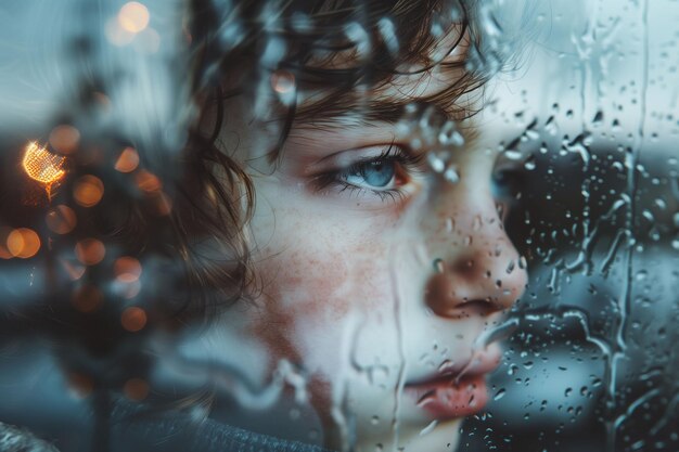 Вблизи ребенок смотрит через окно, покрытое каплями дождя
