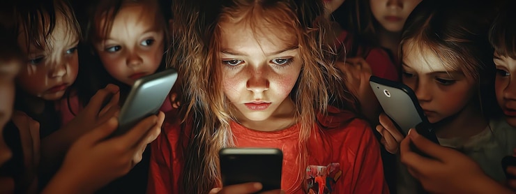 Фотография клоуз-ап ребенка, сидящего в смартфоне избирательный фокус