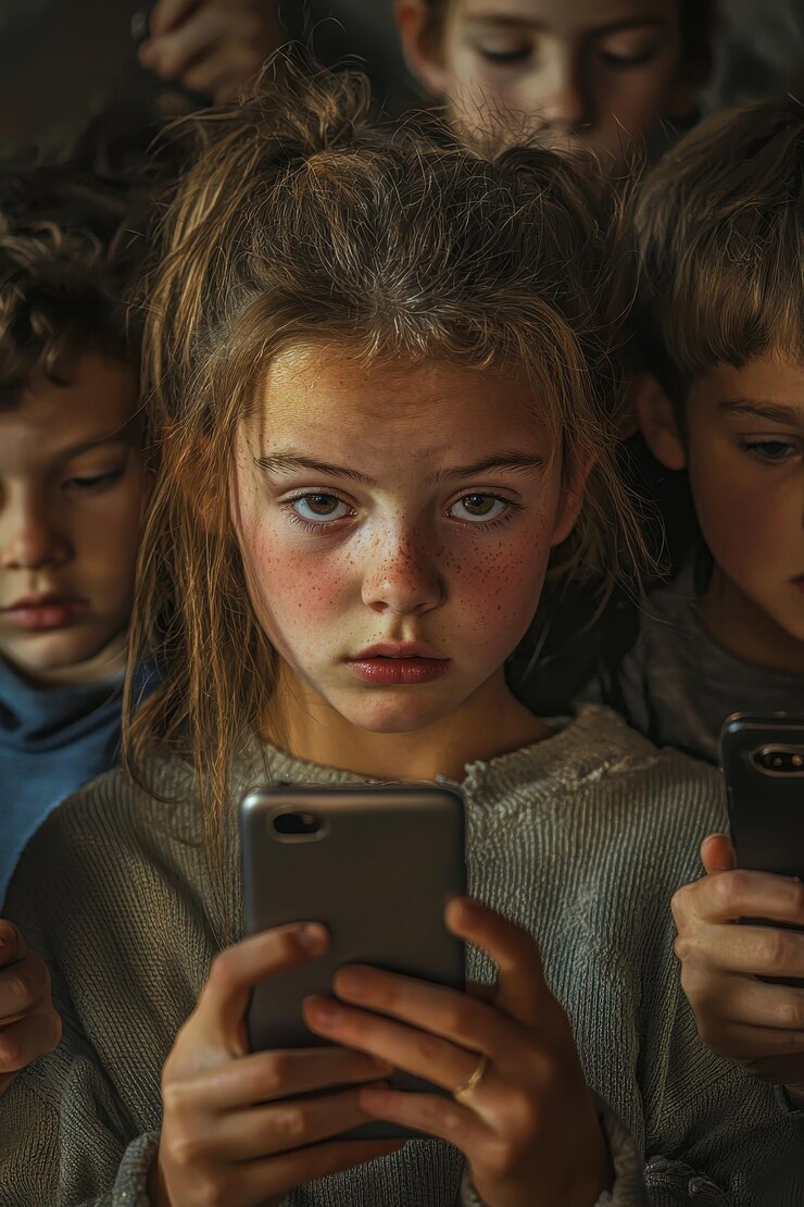 Фотография клоуз-ап ребенка, сидящего в смартфоне избирательный фокус