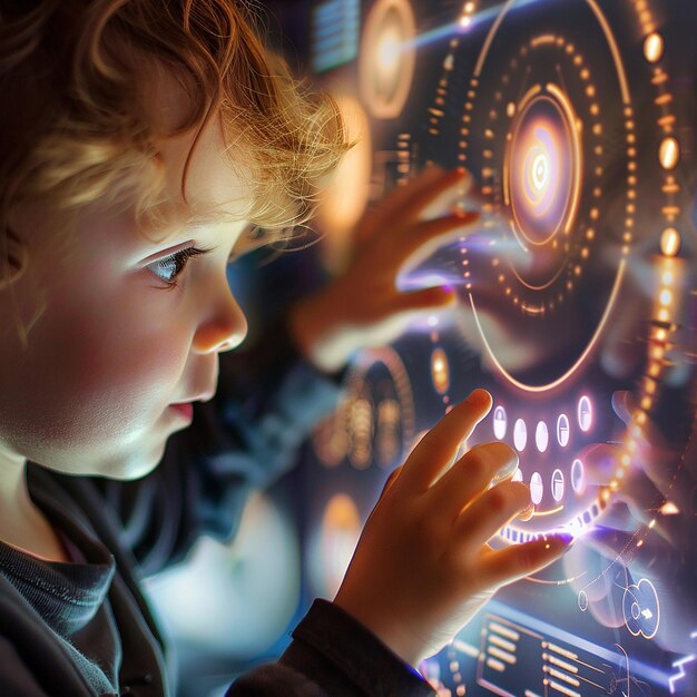 Photo a closeup of child using a futuristic touchscreen interface technology concept