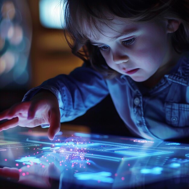 A closeup of child using a futuristic touchscreen interface technology concept