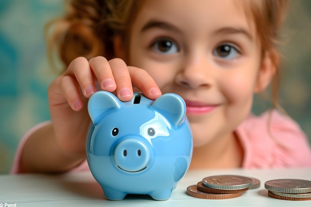 Closeup of a child with a piggy bank learning about savings and financial responsibility from a young age