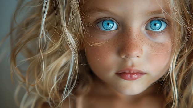 Closeup of child39s face with blue eyes smile blond hair