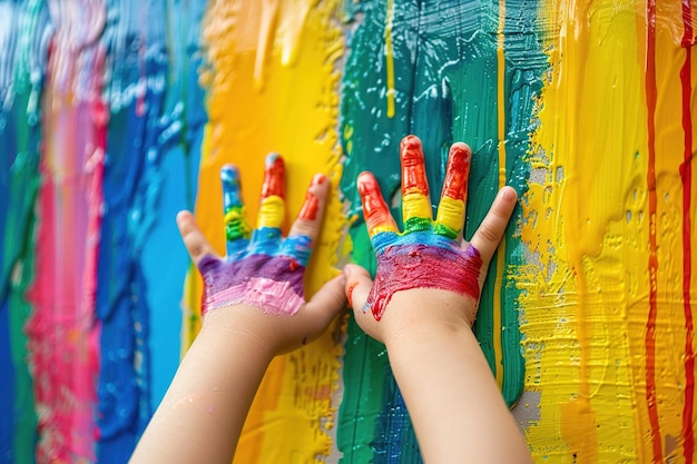 벽에 밝은 페인트로 손가락으로 그림을 그리는 어린이 손의 클로즈업
