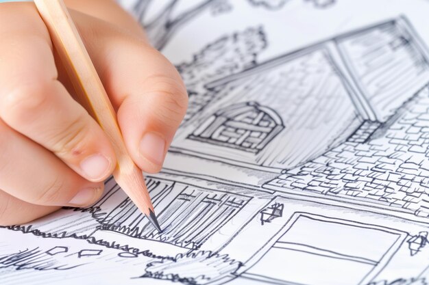 Photo closeup of childs fingers holding pencil while drawing a house