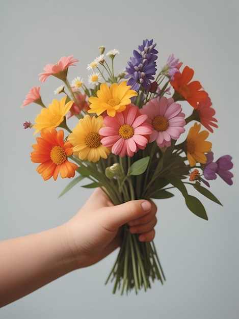 A closeup of a childs hand holding a handful of colorful wildflowers ai generative