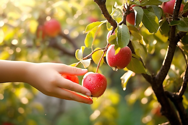 Closeup of a childs hand holding a tiny apple