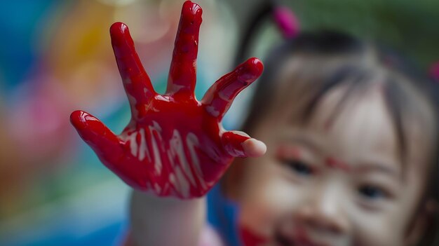 Photo closeup of a childs hand in red paint against a blurry smiling little girl with pigt generative ai