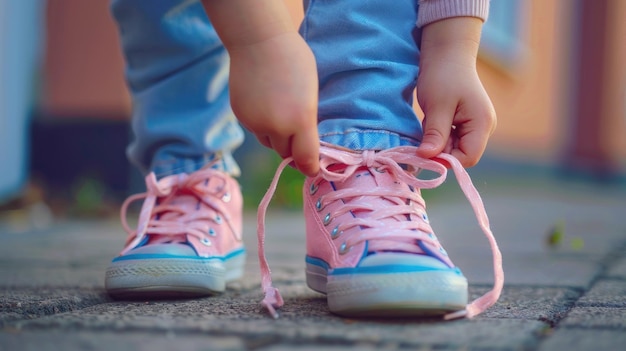 Photo closeup of a childs hand tying their shoelaces before school