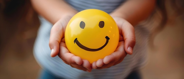 Foto close-up di una mano di un bambino che tiene un palloncino con la faccia sorridente giallo brillante