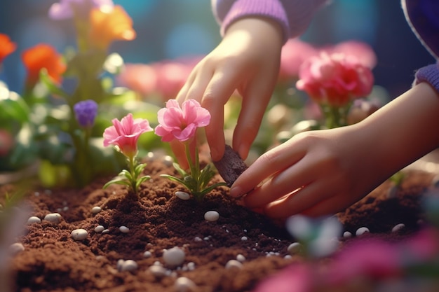 イースターの花を植える子供の手のクローズアップ 0058 00