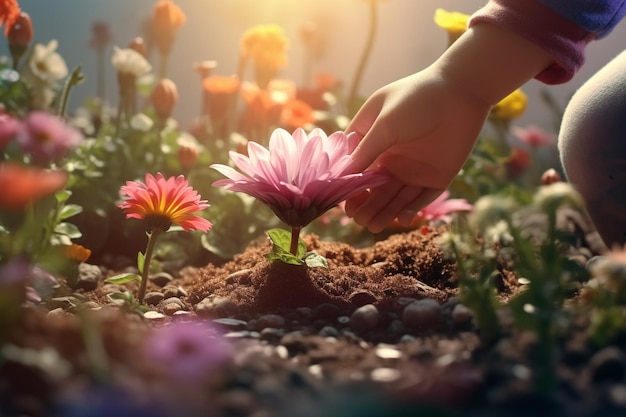 イースターの花を植える子供の手のクローズアップ 00059 03