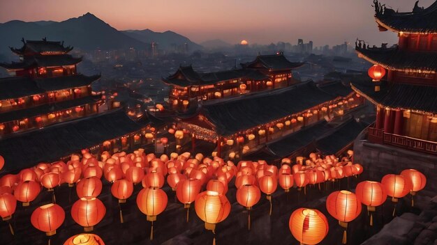 건물 들 에 둘러싸인 빛 을 가진 중국 의 종이 등불 의 클로즈업