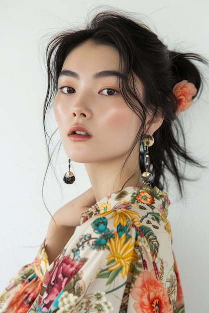 Photo closeup of a chinese super model in bohoinspired floral ensemble radiating carefree charm with a whi