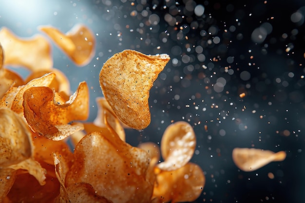 Photo closeup of chips in the air