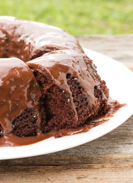 Closeup chocolate cake with chocolate sauce on white plate.