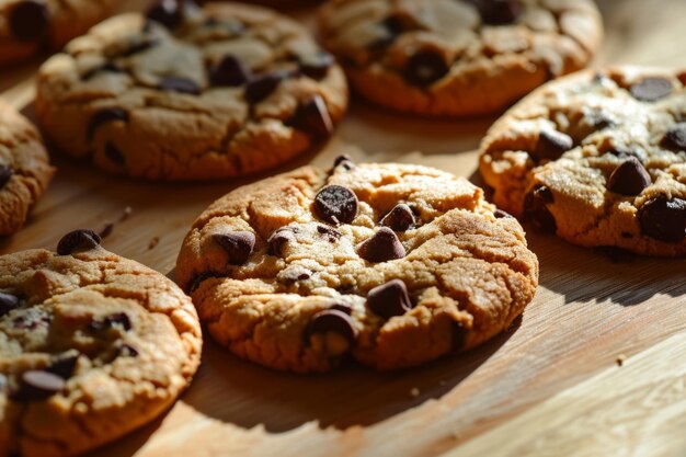 Closeup of chocolate chip cookies Cookies background Generative AI