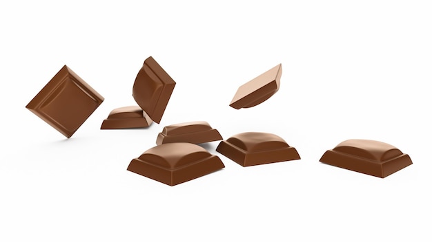 Closeup Chocolate cubes falling Isolated on white background 3d illustration