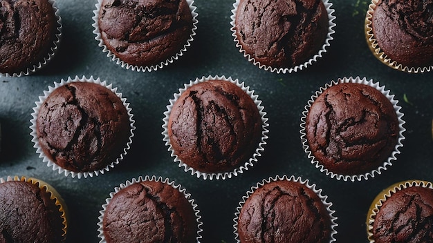 Closeup of chocolate muffins on dark background