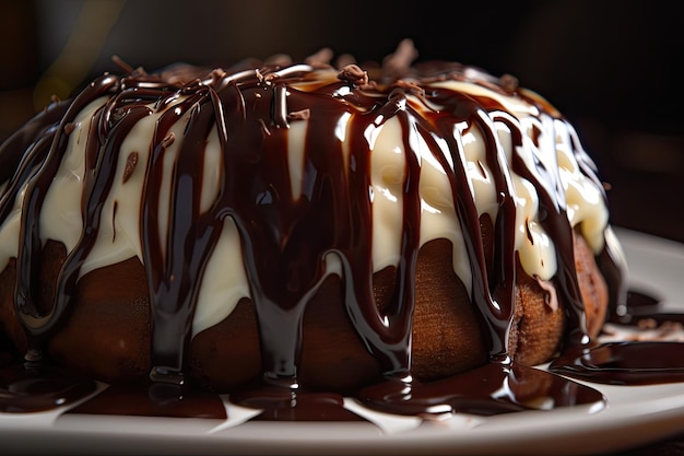 Closeup of chocolate sauce drizzled over cake or sundae