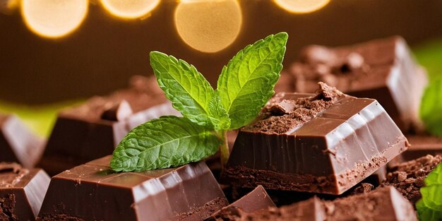 Closeup of chocolate with mint leafs on bokeh background