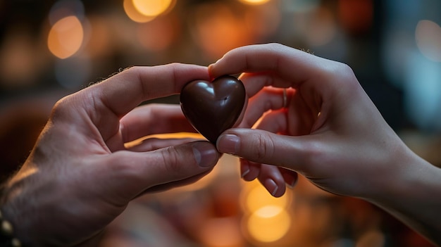 Closeup of chocolates in the hands of a couple