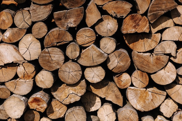 Closeup of chopped firewood Firewood stacked and prepared Natural wooden backgroun