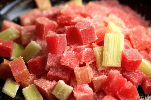 Photo closeup of chopped rhubarb and sugar mix created with generative ai