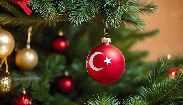 クリスマスボールのクローズアップクリスマスツリーの枝にボールがぶら下がっているトルコの旗