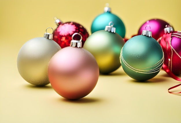 Closeup of Christmas balls on pastel yellow