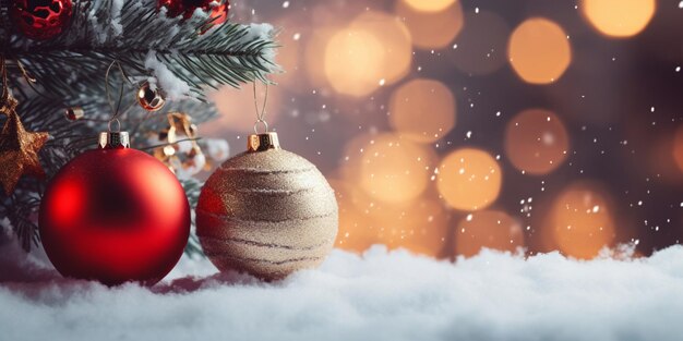 Closeup of Christmas decorations and lights with bauble winter