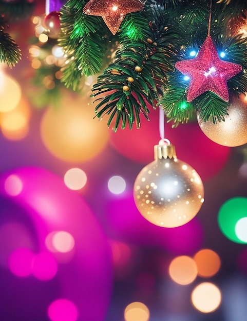 Closeup of christmas decorations with bright colorful bokeh on background christmas concept