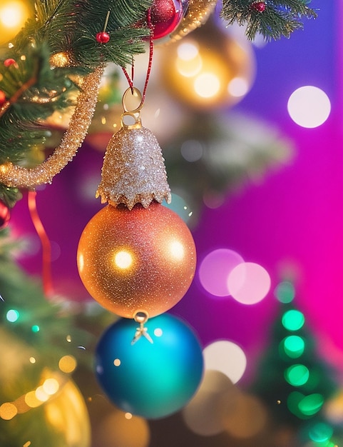 배경 크리스마스 개념에 밝은 다채로운 보케와 크리스마스 장식의 근접 촬영