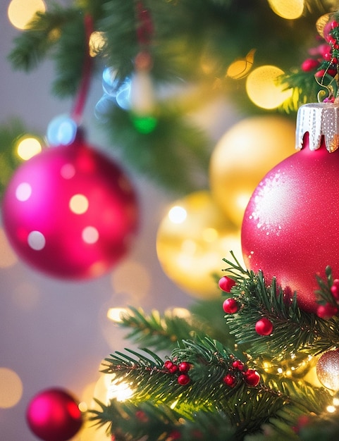 배경 크리스마스 개념에 밝은 다채로운 보케와 크리스마스 장식의 근접 촬영