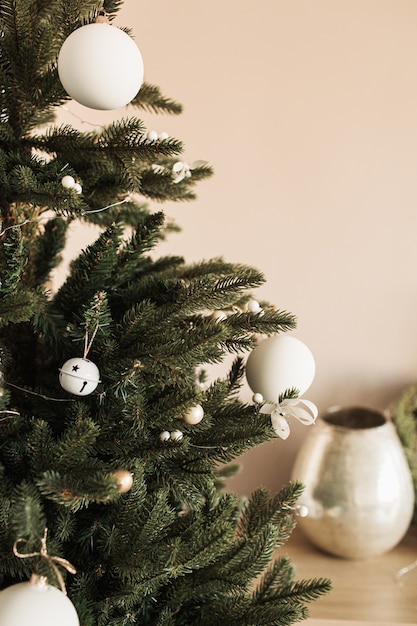 Closeup of Christmas fir tree decorated with baubles