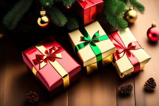 Closeup of Christmas gift boxes under christmas tree Top view