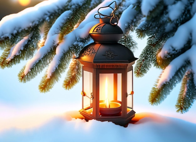 Closeup of Christmas Lantern in snow with winter forest background