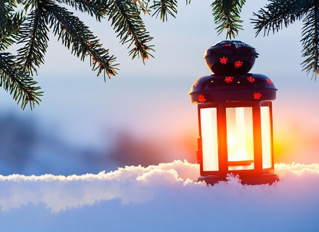 Closeup of Christmas Lantern in snow with winter forest background