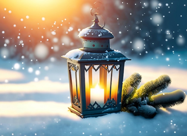 Closeup of Christmas Lantern in snow with winter forest background