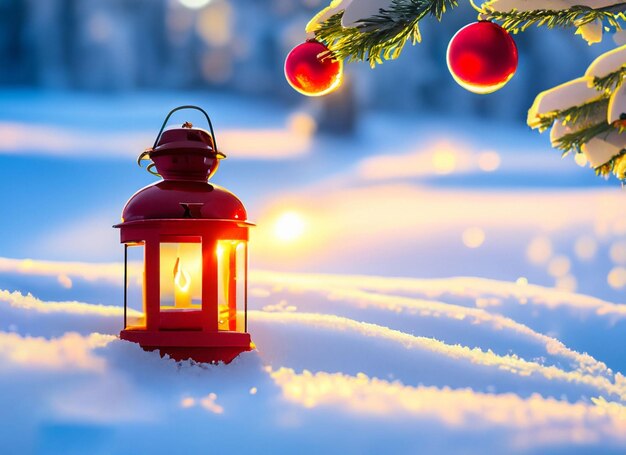 Closeup of Christmas Lantern in snow with winter forest background