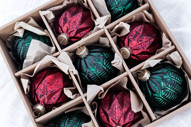 Closeup Of Christmas Ornaments In A Paper Box