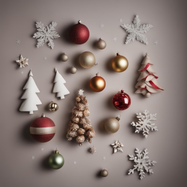Photo closeup of christmas tree multicolor ornaments against a defocused lights background