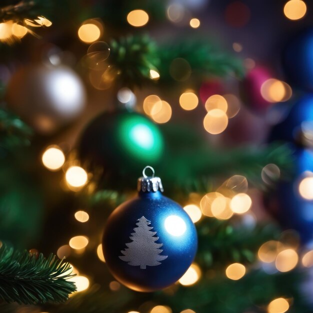 多重ライトの背景に対するクリスマス ツリーの多色の装飾品のクローズ アップ