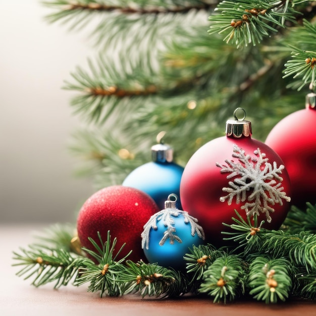 CloseUP of Christmas Tree multicolor Ornaments against a Defocused Lights Background