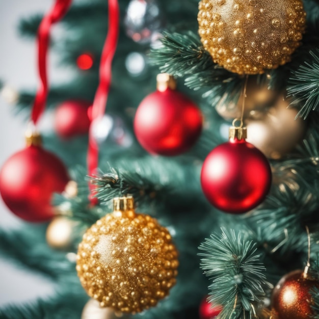 CloseUP of Christmas Tree Red and Golden Ornaments against a Defocused Lights Background